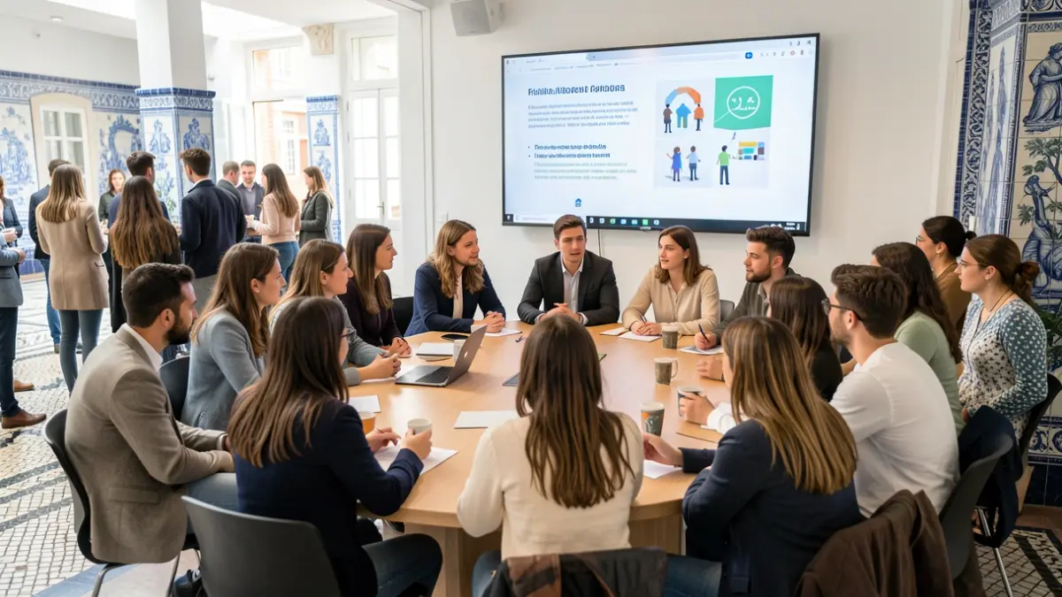 Image of young people and adults participating in a public consultation on youth policies in Tavira.