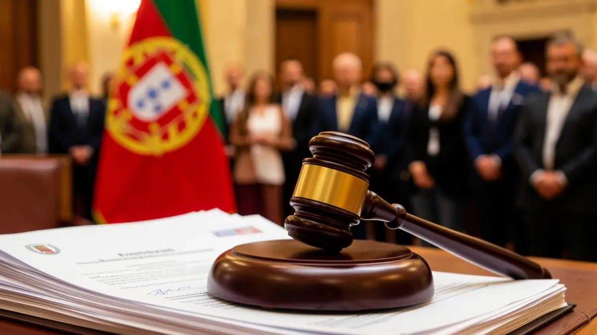 Imagem genérica de um martelo de juiz sobre documentos oficiais, com uma bandeira portuguesa desfocada ao fundo.