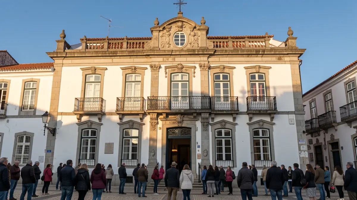 Imagem genérica da fachada de um edifício municipal português com varandas ornamentadas, sob luz solar de fim de tarde.