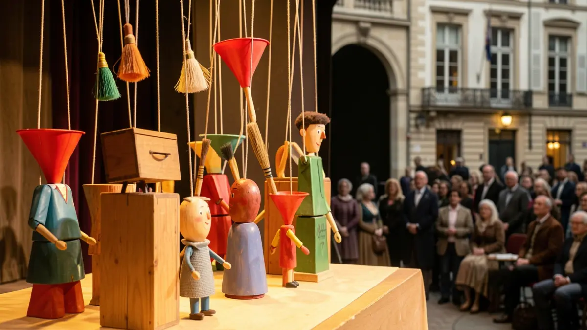 Imagem genérica de marionetas coloridas feitas de objetos do quotidiano, em palco com iluminação suave.
