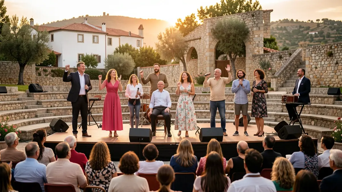 Imagem genérica de um grupo de atores diversos a atuar num anfiteatro ao ar livre em Portugal, com luzes de fim de tarde.