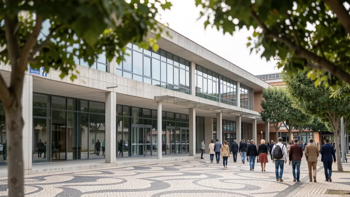 Imagem genérica de um edifício universitário moderno com elementos arquitetónicos portugueses.