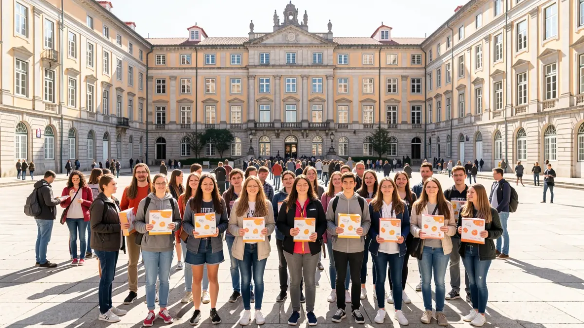 Image of students receiving welcome kits on the campus of Instituto Superior Técnico in Lisbon.