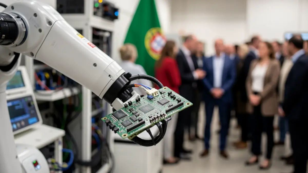 Generic image of a robotic arm holding a circuit board, with blurred technological equipment and a subtle Portuguese flag in the background.
