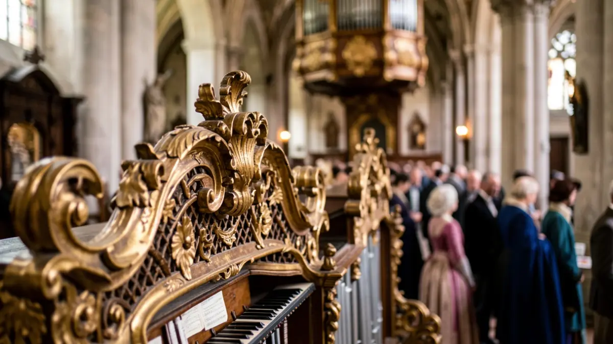Generic image of a baroque musical instrument with golden and carved details, in a historic church setting.