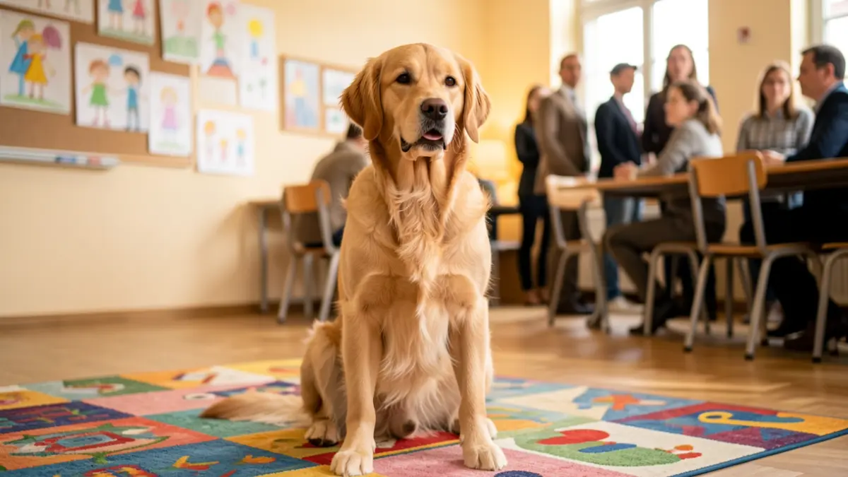 Generic image of a therapy dog in a classroom.