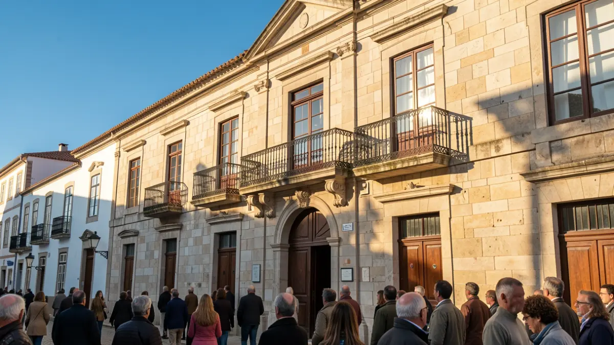 Imagem genérica de uma fachada de edifício municipal em pedra com varanda ornamentada e luz solar.