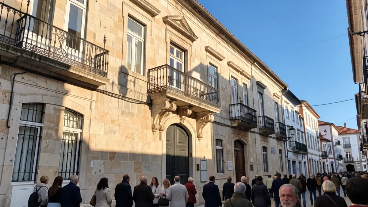 Generic image of a stone municipal building facade with an ornate balcony, under afternoon sunlight, Portuguese architecture.