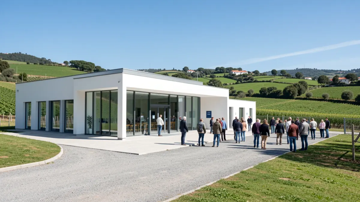 Generic image of an animal reception center with modern architecture in a Portuguese rural landscape.