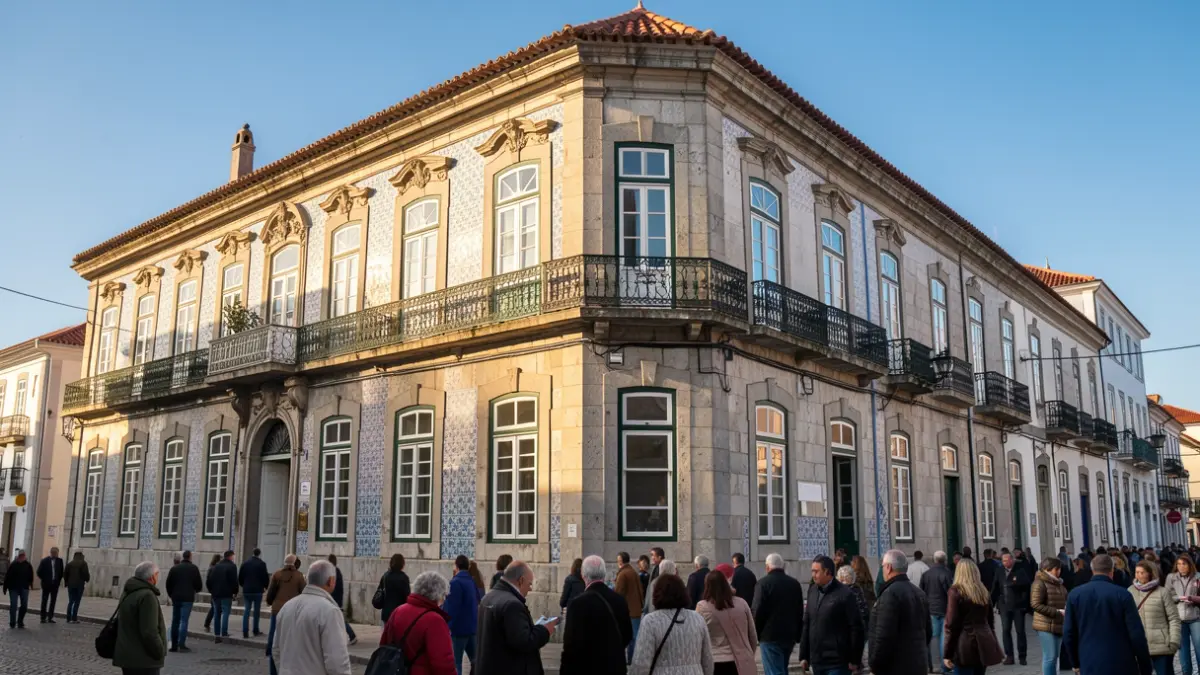 Imagem genérica de uma fachada de edifício municipal ou hotel em Portugal, com detalhes em pedra e varandas, sob luz solar de tarde.