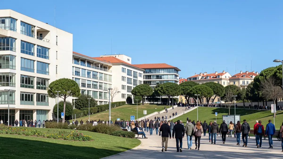 Exterior view of the Polytechnic University of Lisbon campus in Benfica, Lisbon, with modern and traditional architecture.
