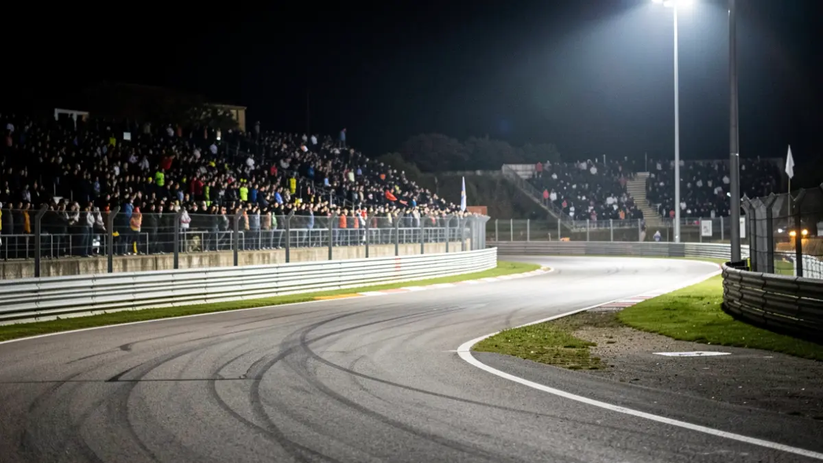Generic image of a rallycross track with artificial night lighting and blurred crowd in the background.