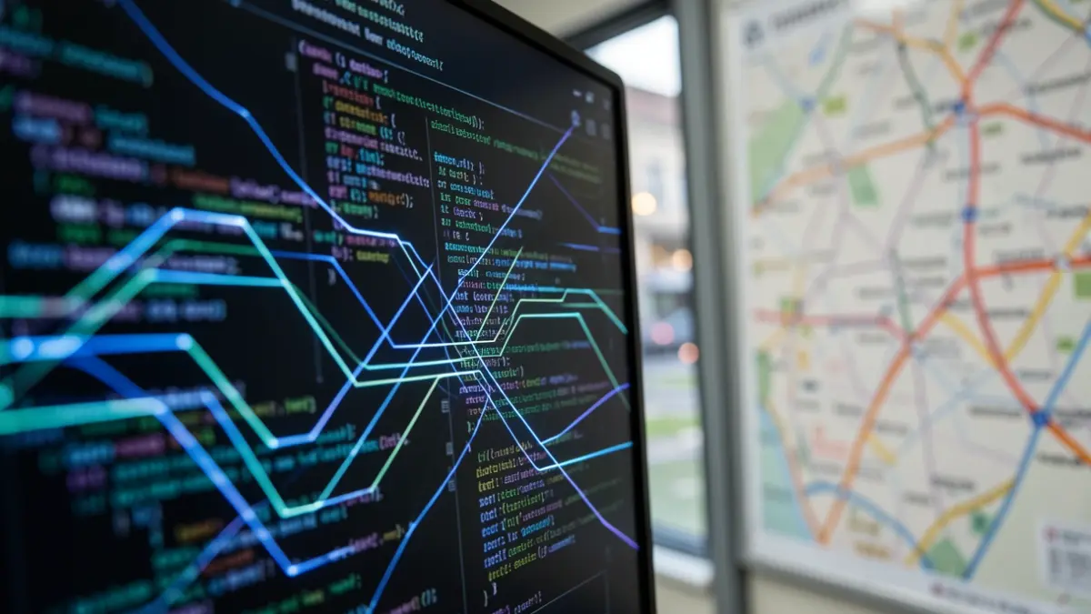 Imagem genérica de uma interface de segurança digital com linhas brilhantes e código, representando cibersegurança. Fundo desfocado de um mapa de transportes públicos.