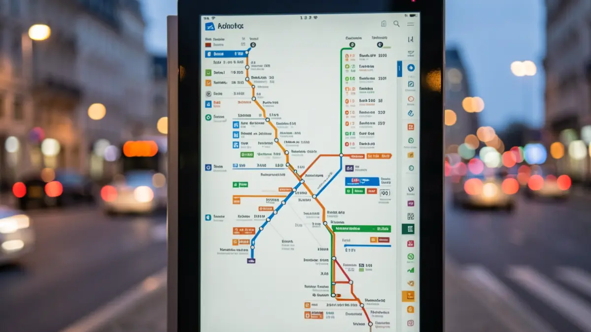 Imagen genérica de un mapa de transporte público moderno o pantalla digital con rutas y horarios, con luces de la ciudad borrosas al fondo.