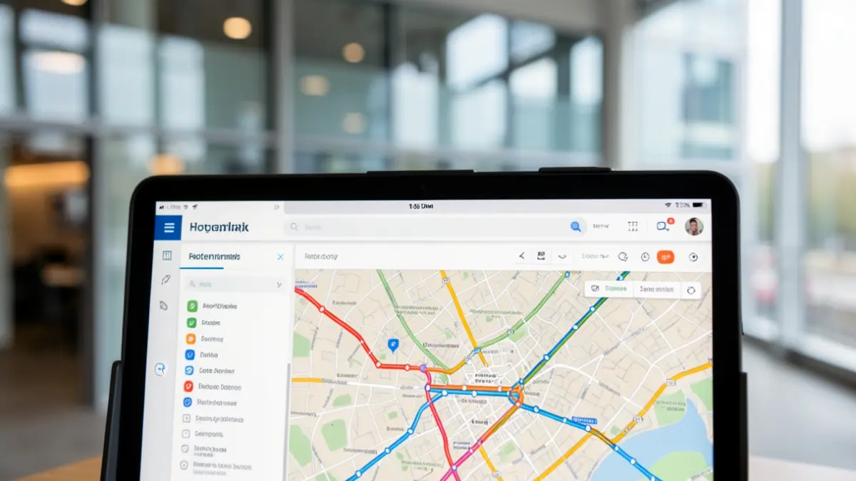 Imagen genérica de una interfaz digital de planificador de rutas con un mapa y líneas de transporte.