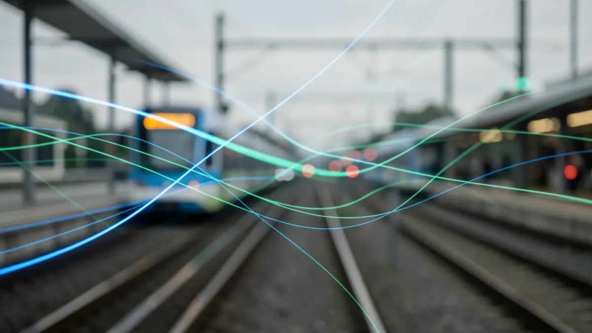 Imagem genérica de linhas de luz abstratas representando fluxo de dados e conectividade em transportes públicos.