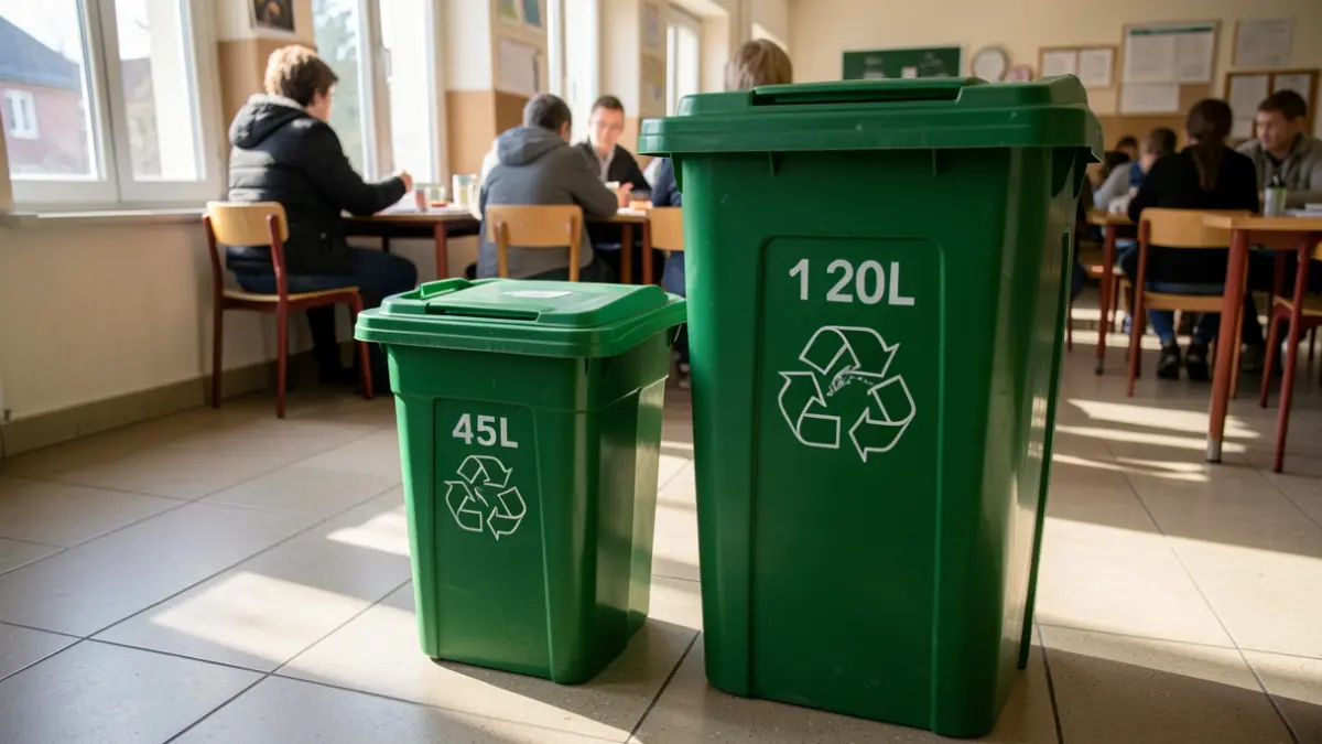 Generic image of two recycling bins, one small and one large, on a school floor.
