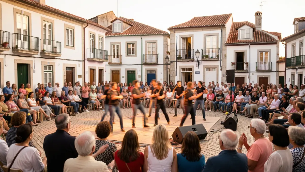 Generic image of an outdoor performance scene in a Portuguese square, with traditional architecture and late afternoon light.