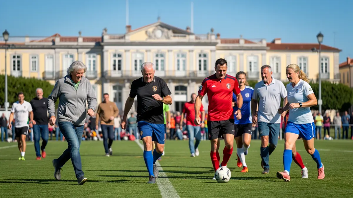 Generic image of walking football tournament participants in Portugal, with a municipal building in the background.