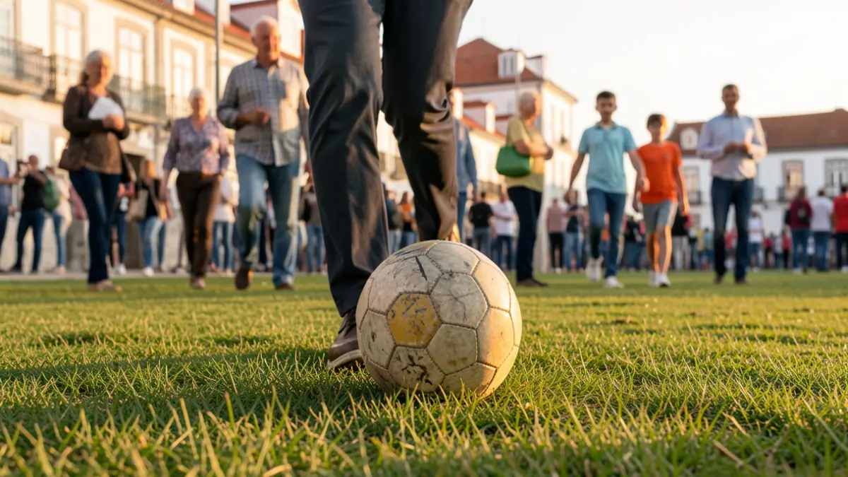 Imagem genérica de uma bola de walking football em relva, com pessoas de diferentes idades desfocadas ao fundo.