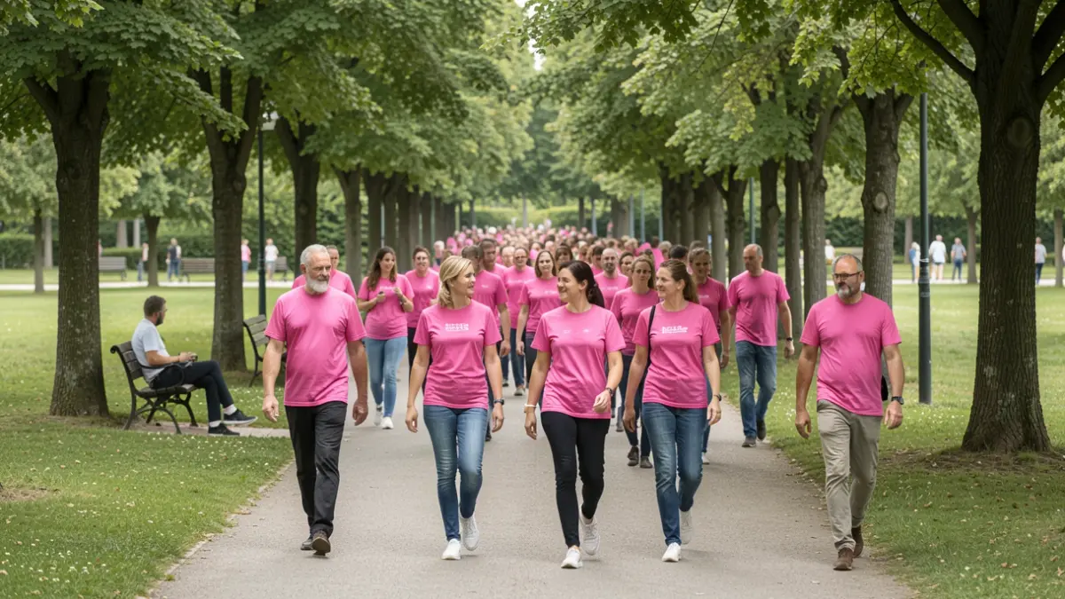 Imagem genérica de uma caminhada de sensibilização em Portugal, com participantes a usar vestuário cor-de-rosa.