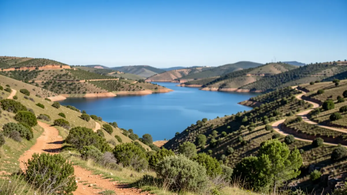 Imagem genérica de uma paisagem natural com trilhos e um reservatório de água, sob um céu azul.
