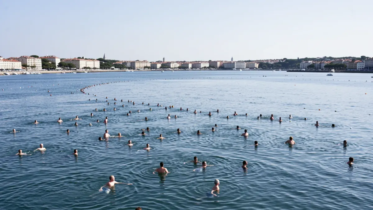 Generic image of an open water swimming race with many participants.