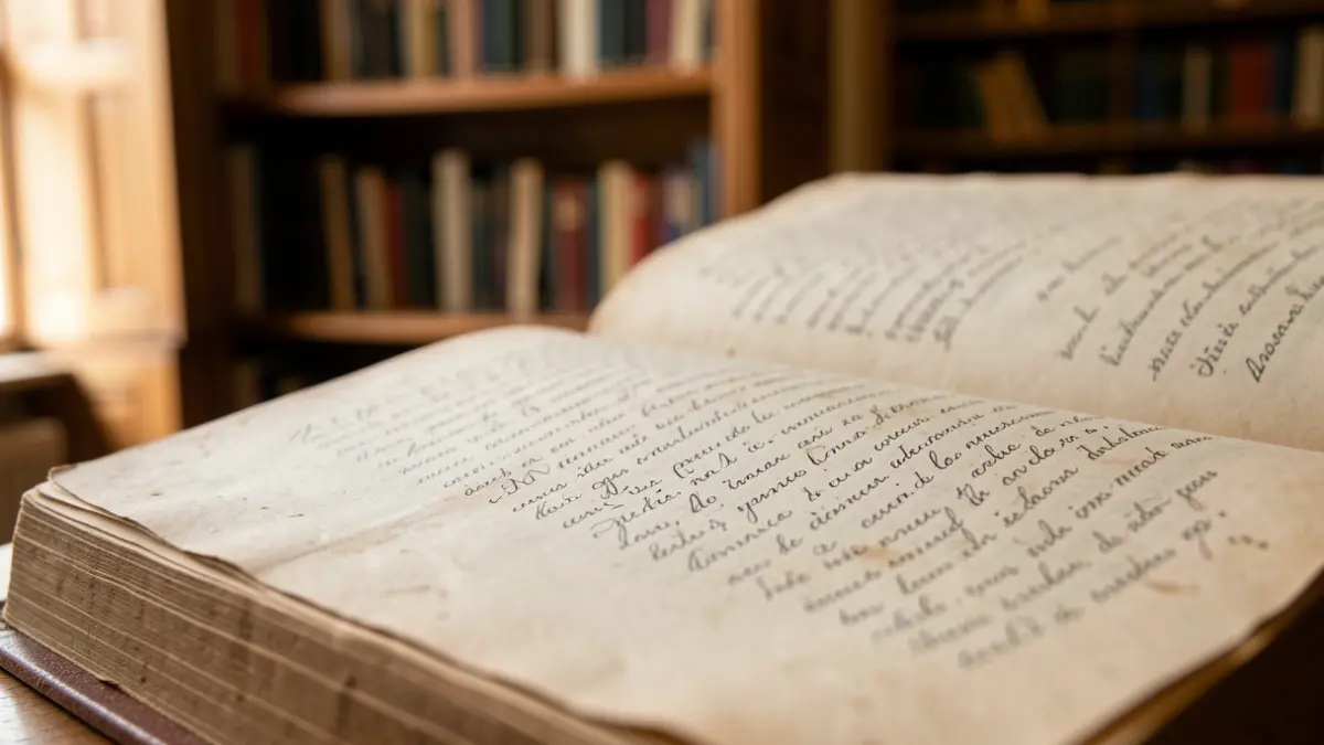 Generic image of an open book with aged pages and Portuguese script, in front of bookshelves in a library.