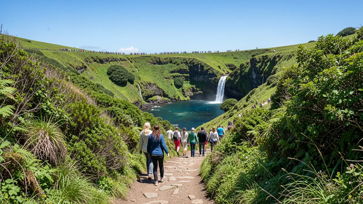 Imagem genérica de um trilho pedestre com vegetação exuberante e vista para uma cascata e uma piscina natural.