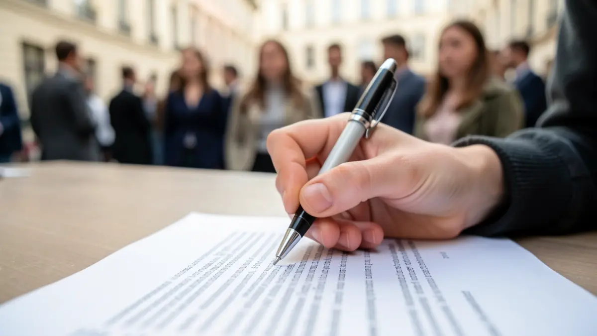 Imagem genérica de uma mão jovem a segurar uma caneta sobre um documento com texto desfocado, simbolizando desenvolvimento de políticas e envolvimento da juventude.