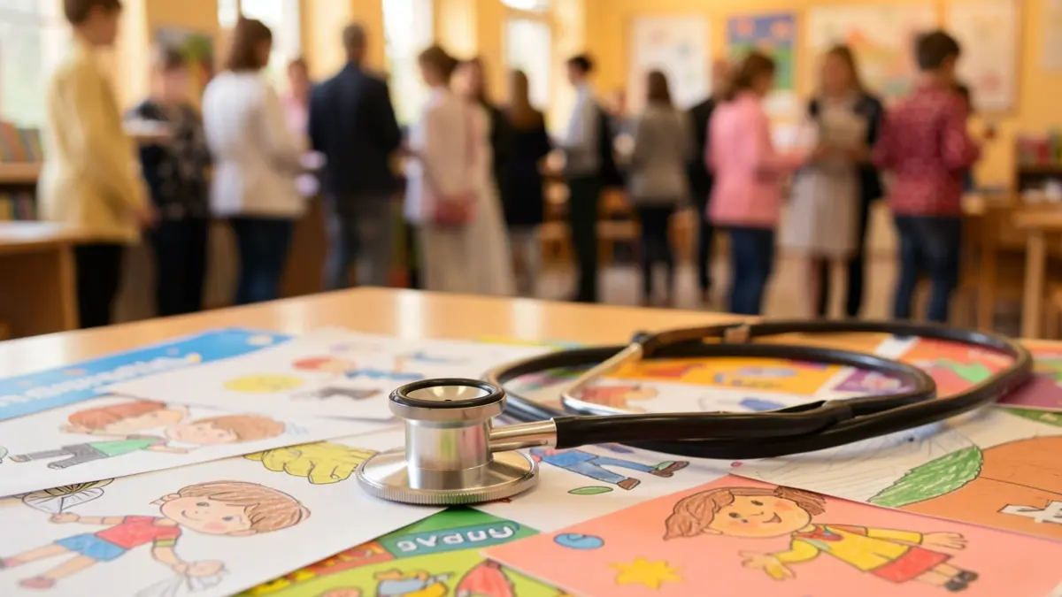Generic image of a stethoscope on children's drawings and educational materials, symbolizing school health and pediatric care.