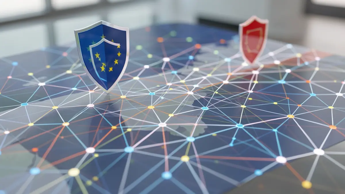 Generic image of interconnected digital networks with security shields, representing information sharing and data protection within the European Union.