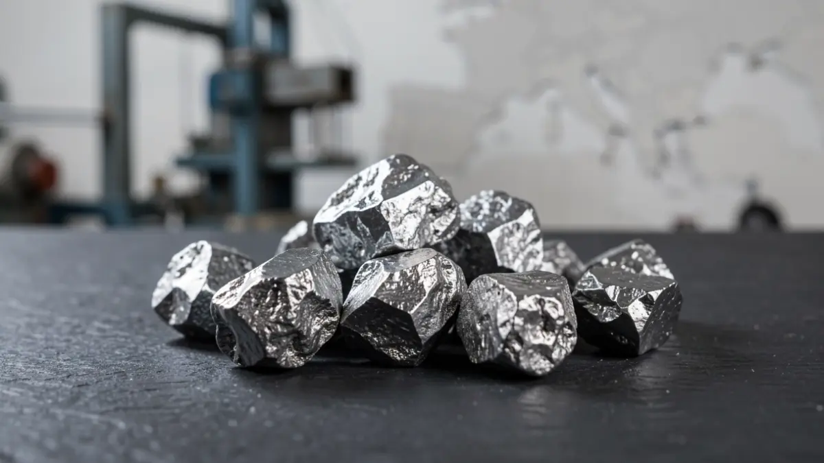 Image of raw tungsten ore with industrial details and a blurred European map.