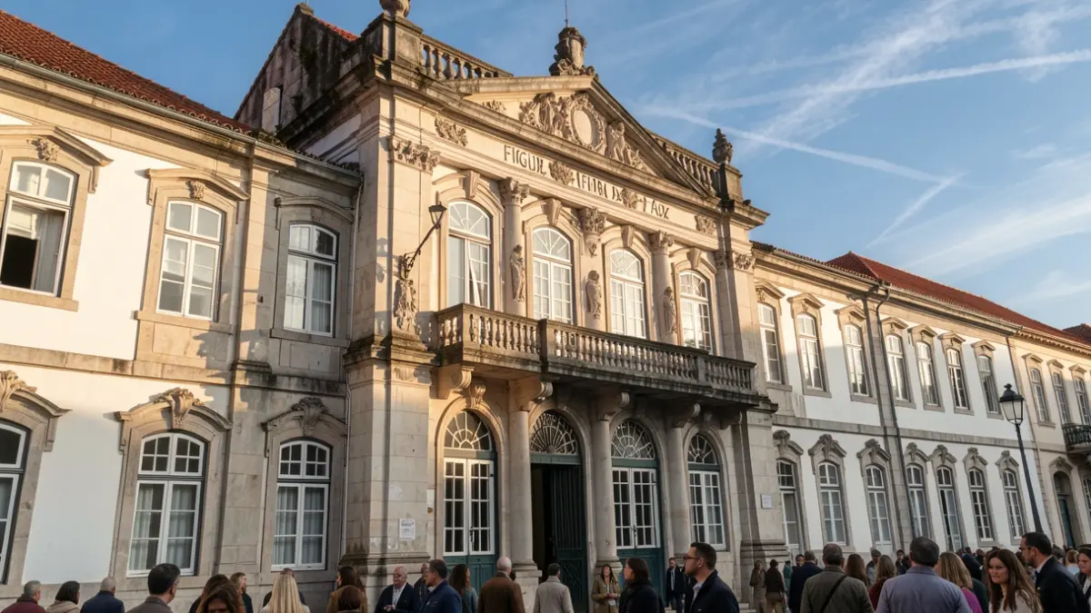 Fachada del Ayuntamiento de Figueira da Foz, un edificio histórico con arquitectura clásica portuguesa.