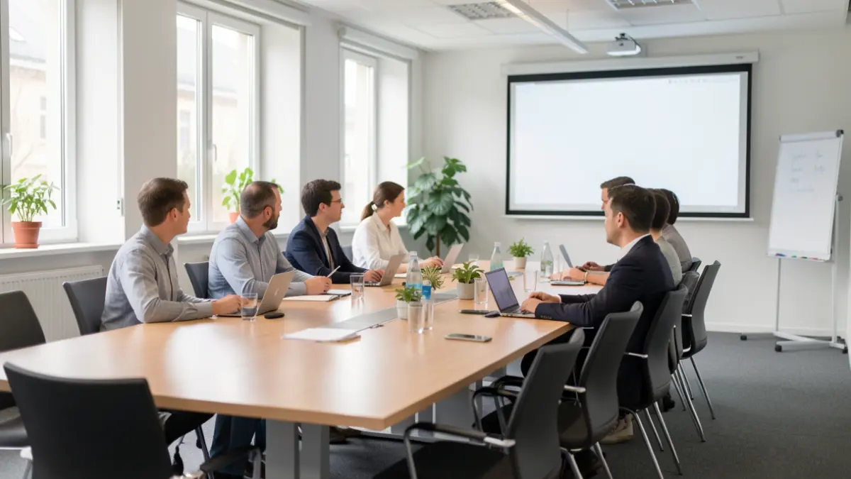 Imagem genérica de uma sala de reunião universitária com uma mesa longa e cadeiras, sob luz natural.