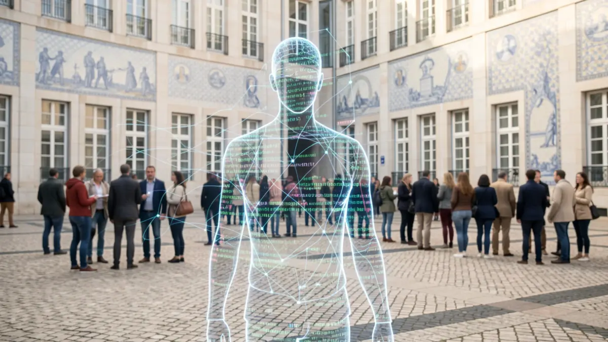 Imagen genérica de una representación abstracta de inteligencia artificial y colaboración en un entorno universitario, con elementos arquitectónicos portugueses.
