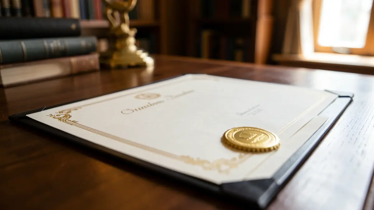 Imagen genérica de un diploma formal con sello dorado sobre un escritorio de madera oscura.