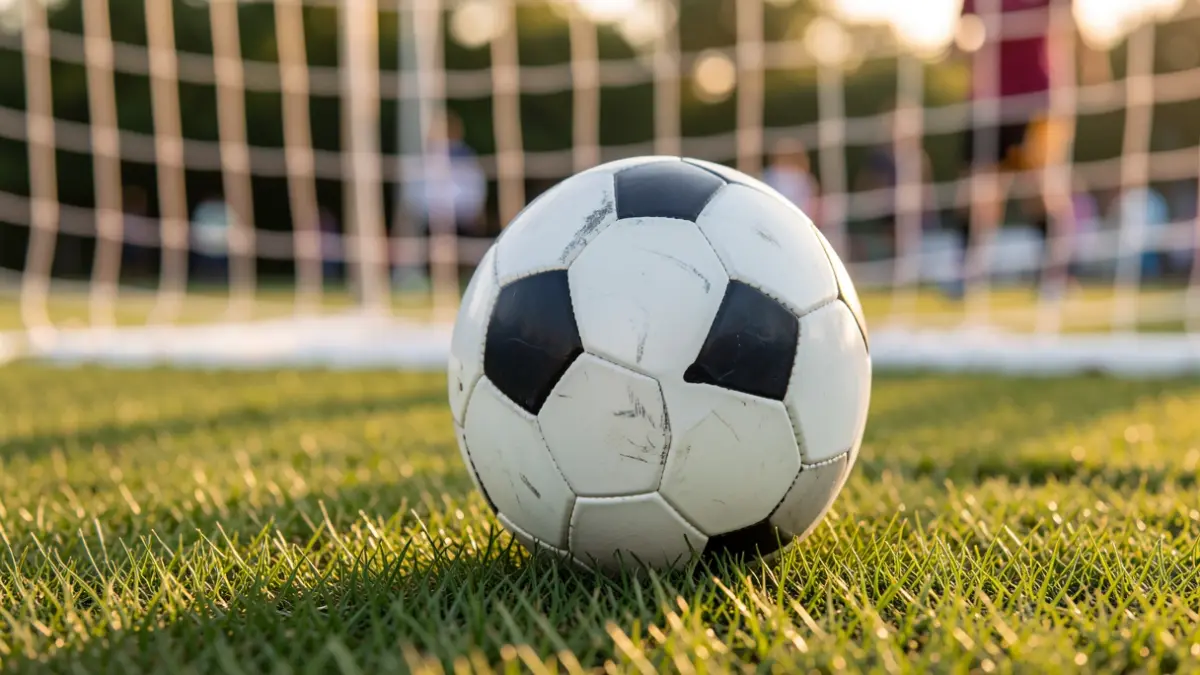 Generic image of a soccer ball on grass, with the goal net blurred in the background. The image evokes a community sports event and health awareness.
