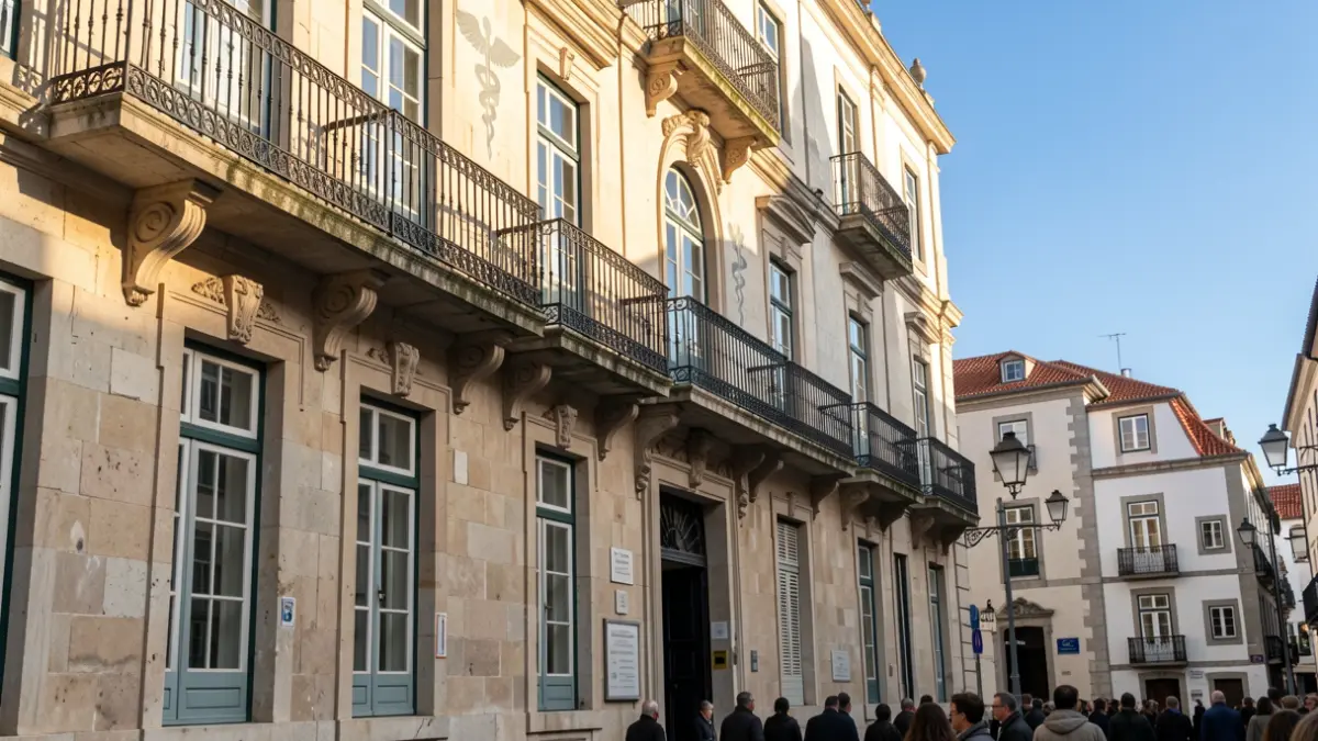 Fachada de un edificio municipal portugués con balcones ornamentados y cielo azul.