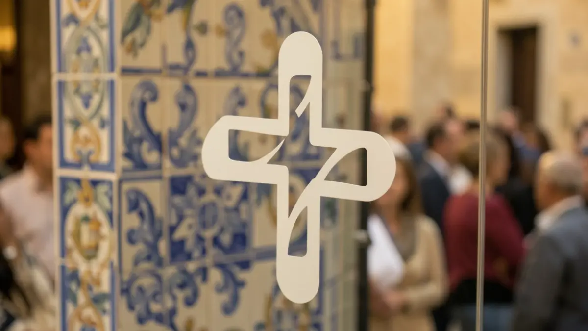 Imagen genérica de un símbolo médico con azulejos portugueses desenfocados al fondo.