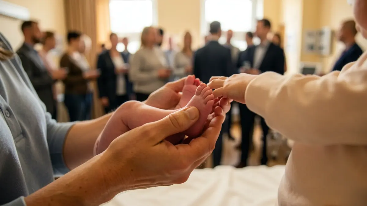 Mother's hands holding a newborn baby's feet in a hospital.