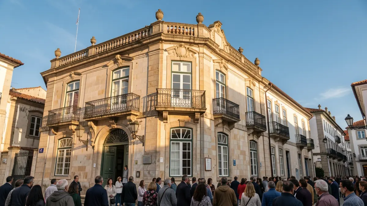 Generic image of a public building facade in Portugal, with ornate balconies and afternoon sunlight.