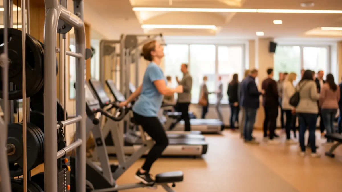 Imagen genérica de un gimnasio de rehabilitación médica con equipo de ejercicio, fondo desenfocado mostrando a un paciente participando en una simulación de tarea diaria, iluminación cálida y alentadora.