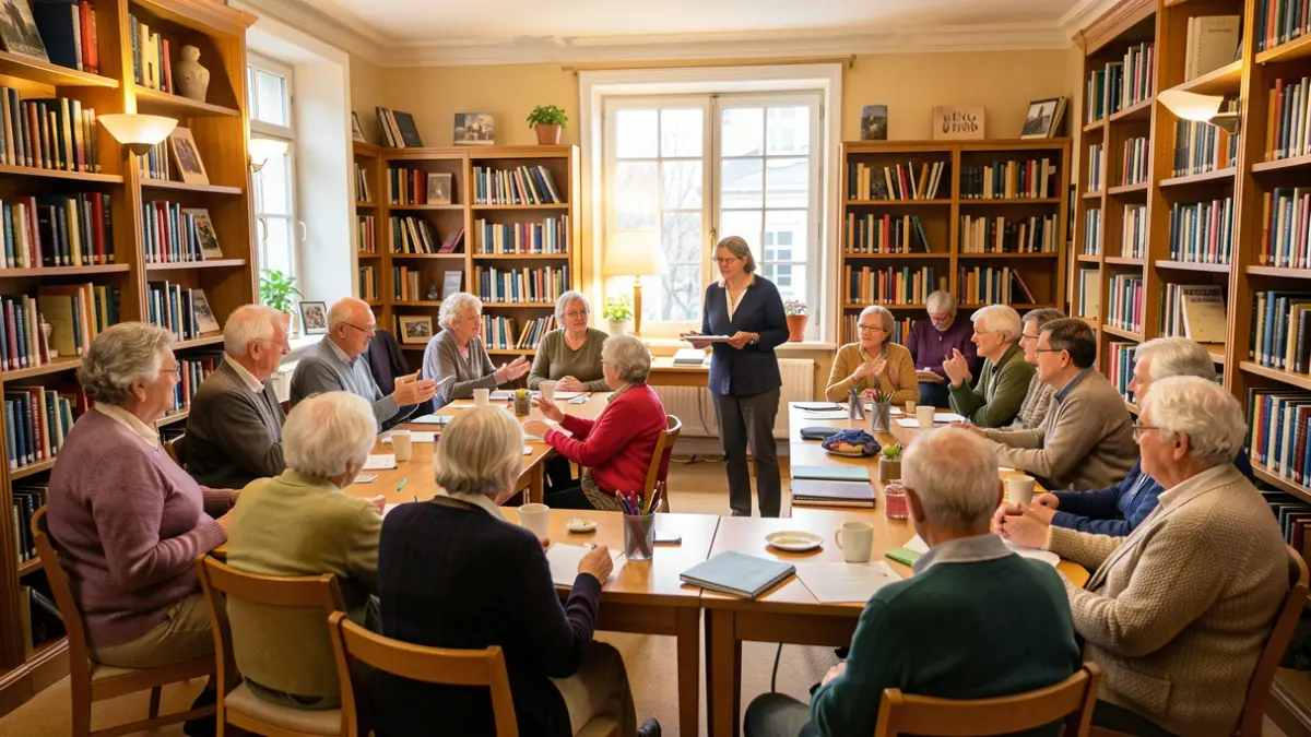 Imagen genérica de un grupo de personas mayores participando en una sesión de promoción de la salud en una biblioteca.