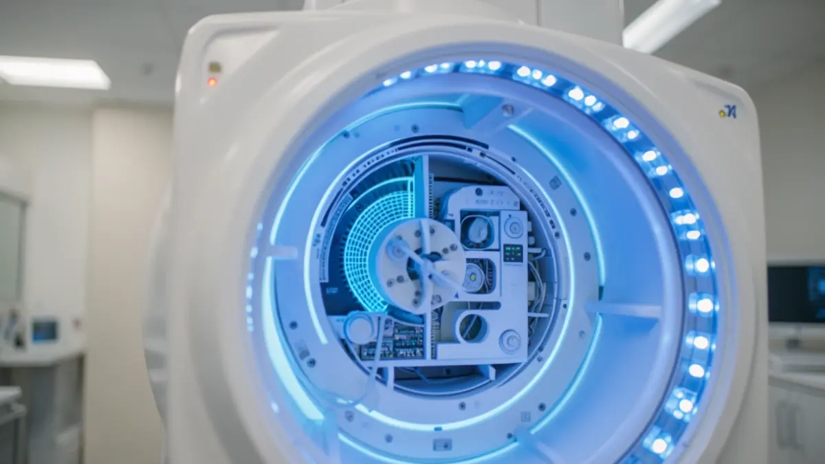 Imagem de um equipamento de scanner médico com luzes azuis brilhantes, sugerindo tecnologia avançada num hospital.