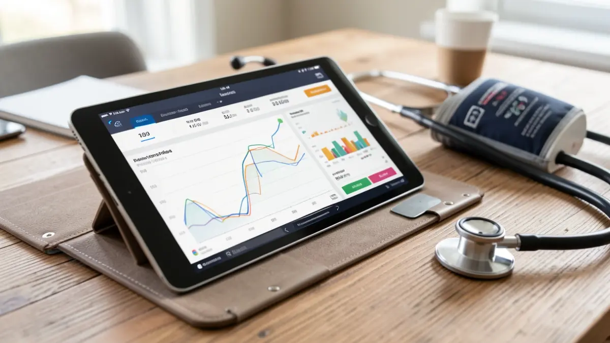 Imagem genérica de um tablet com dados de saúde e um estetoscópio numa secretária.