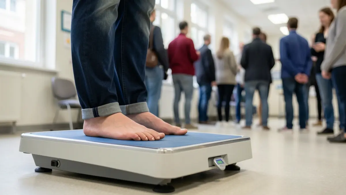 Generic image of a medical scale with a person's feet on it, blurred background of a health clinic.