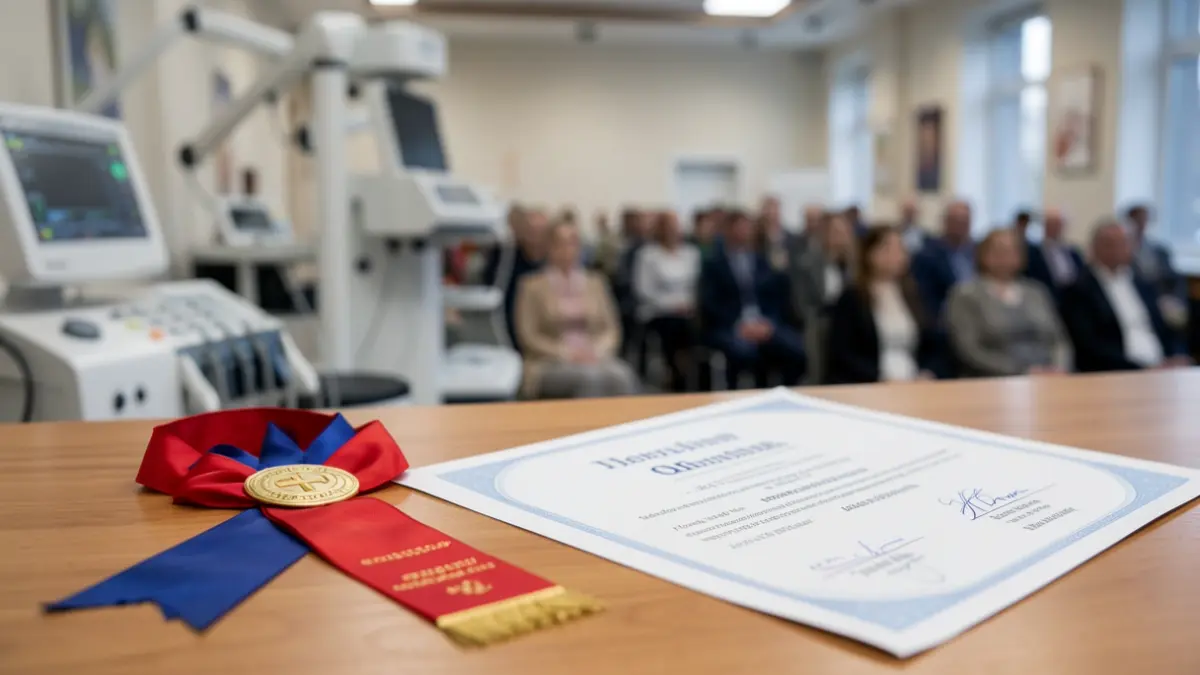 Generic image of a medical award ribbon and a certificate on a desk, with blurred medical equipment in the background.