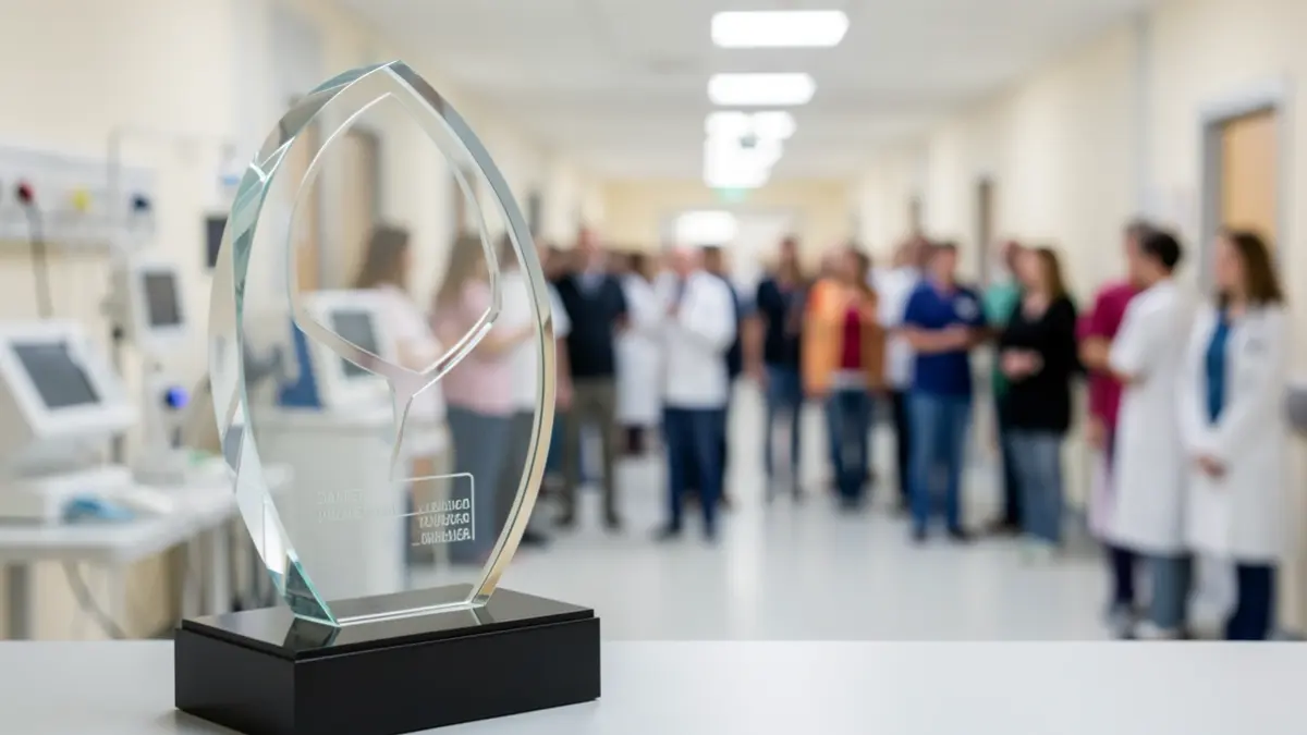 Imagem genérica de um troféu de prémio médico com um fundo desfocado de corredores de hospital e equipamento médico.