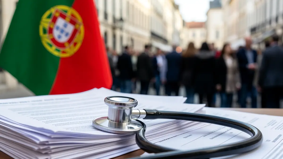 Imagem genérica de um estetoscópio sobre documentos oficiais com uma bandeira portuguesa desfocada ao fundo.